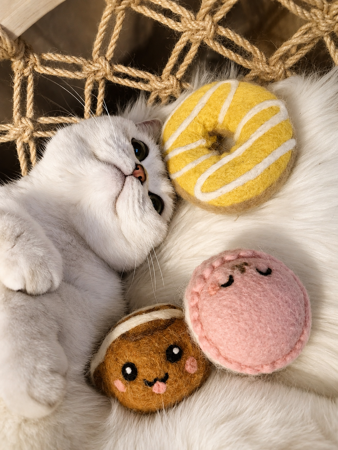 Kat ligt tussen de drie speeltjes van The Bakery Set